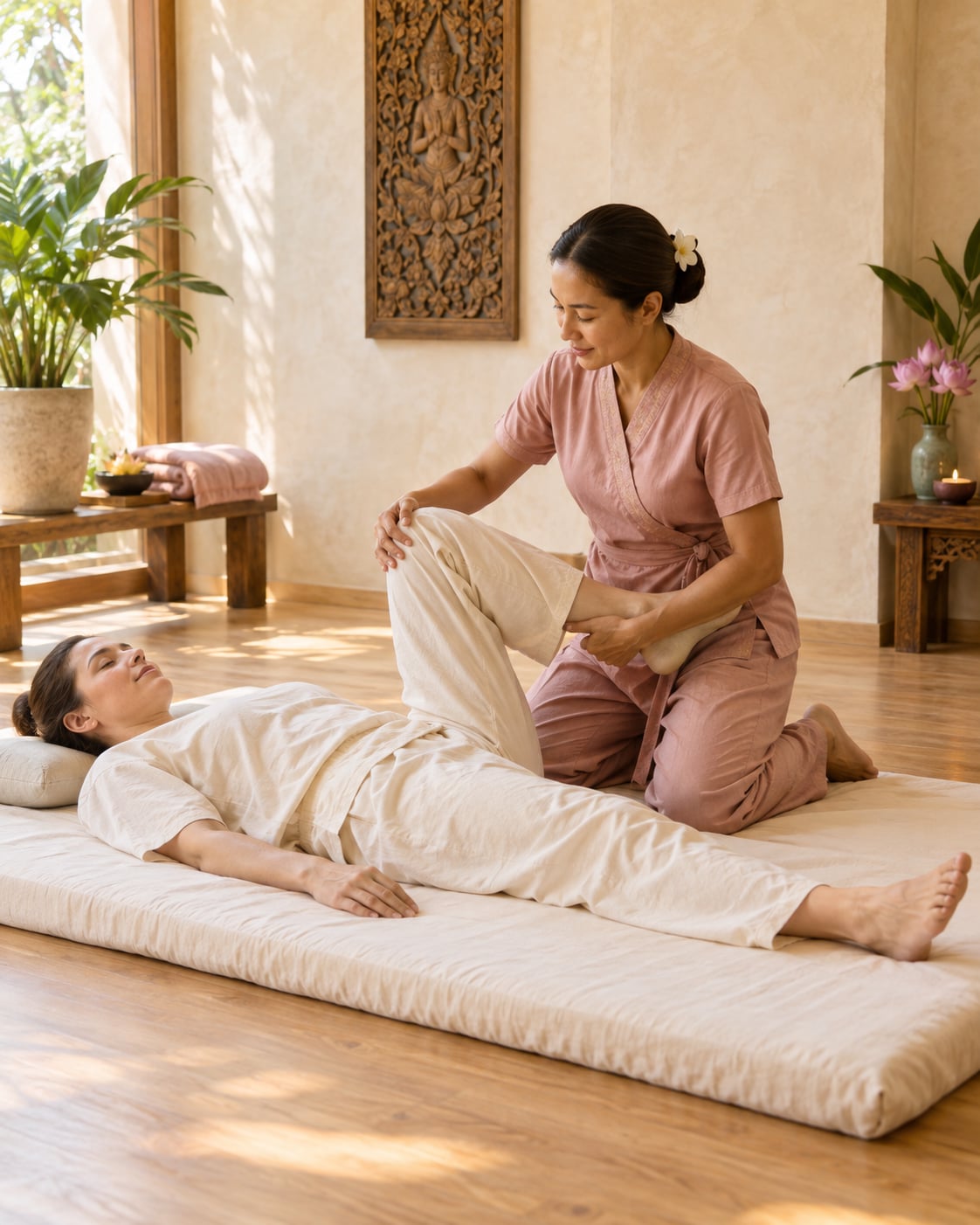 Therapist guiding a fully clothed guest through an assisted Thai leg stretch on a cushioned floor mat